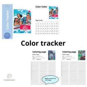 Puede incluir: Un rastreador de color con el tema "Lilo & Stitch". La imagen incluye un índice de color, números de página y páginas para colorear con marcadores. El texto "Color tracker" se muestra de forma destacada. El logotipo de CalmColor es visible.