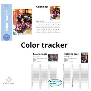 以下が含まれることがあります： 「Color Tracker」と「CalmColor」の文字が入ったカラートラッカー。トラッカーには、カラーインデックス、ページ番号、マーカートラッカー付きの塗り絵ページが含まれています。表紙にはディズニー映画の画像が使われています。