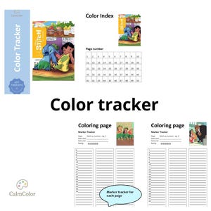 Op de afbeelding: Een kleurtracker met een Stitch-thema. De afbeelding bevat een omslag, een kleurenindex en kleurplaten met een markeertracker. De omslag toont Stitch en Lilo. De tekst "Color Tracker" is prominent aanwezig.