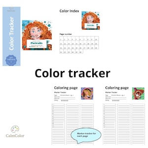 Könnte beinhalten: Ein Farbtacker-Set zum Ausdrucken mit einem Seitennummern-Raster von 1 bis 36, einem Farbindex mit einer Illustration einer rothaarigen Figur und zwei Marker-Trackern für Ausmalbilder mit Zeilen für Seite, Startdatum, Enddatum und Bewertung.