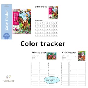Puede incluir: Un rastreador de color para un libro para colorear, con una imagen de portada de un ciervo. La imagen incluye un índice de color, números de página y secciones para rastrear marcadores. El texto "Color Tracker" se muestra de forma destacada.