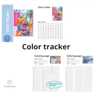 Op de afbeelding: Een kleurtracker met de tekst "Color Tracker" in grote zwarte letters. De tracker bevat een kleurenindex, paginanummers en kleurplaten met markeerders. De omslag toont een prinsessenillustratie.
