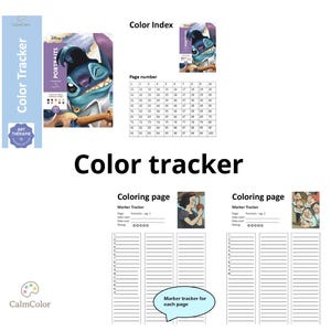 Könnte beinhalten: Eine weiße Seite mit den Worten "Color Tracker" und "Color Index". Die Seite enthält eine Farbtabelle, ein Disney-Charakterbild und zwei Malvorlagen mit einem Marker-Tracker. Das CalmColor-Logo befindet sich unten links.