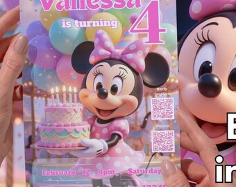 Pink Minnie Mouse Birthday invitation template editable in Canva instant access digital download