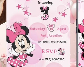 Pink Minnie Birthday Invitation Girl 3rd Bday Invite Toddler Party Invitation Digital Download