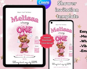 Beary First Birthday Invitation Template Editable for baby girl | Digital Download | Instant Access