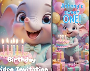 Sweet One Elephant Birthday Video Invitation  Template Digital download | Editable in Canva  (MP4 Download)