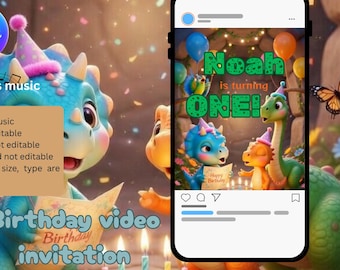 Dinosaur Birthday Video Invitation | Kids First Birthday Evite (Canva Editable)