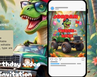 Three-Rex Birthday Video Invitation | Dinosaur Third Birthday Evite (MP4 Download)