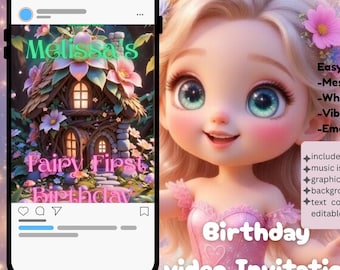 Fairy First Birthday Video Invitation | Whimsical Canva Editable (MP4 Download)