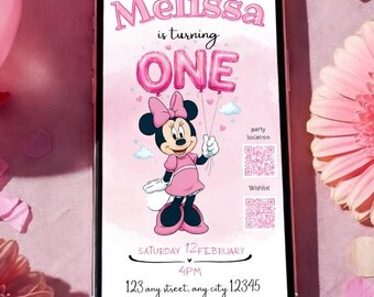 Pink Minnie Birthday Invitation Girl Baby Bday Invite Toddler Party Invitation Digital Download