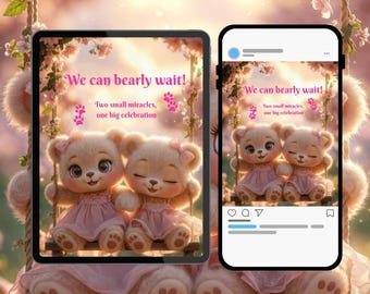 Teddy Bear Twin Girls Baby Shower Video Invitation Editable | Digital Baby Invite | Mobile Invitation Template We can bearly wait