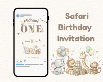 Safari Animals First Birthday Invitation | Editable Mobile Template (Digital Invite)