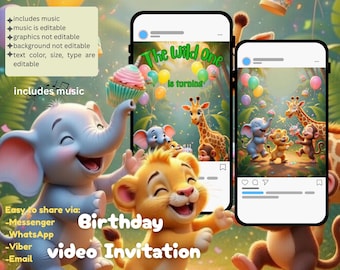 The Wild One Jungle Birthday Video Invitation | Safari Animals (MP4 Download)