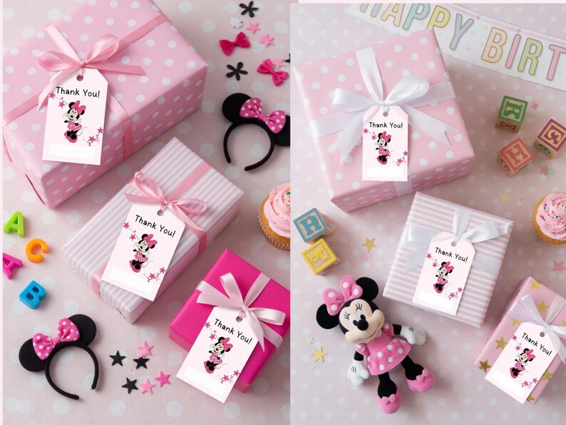 May include: Pink gift boxes with white polka dots and stripes, tied with pink ribbons. Each box has a tag that says "Thank You!" with a Minnie Mouse graphic. Decorative elements include a Minnie Mouse headband, stars, and a Minnie Mouse doll.