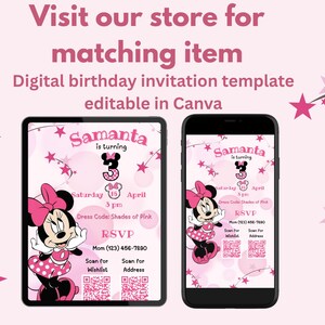 May include: Digital birthday invitation template featuring Minnie Mouse. The invitation is displayed on a tablet and a smartphone, with pink and white accents. Text includes "Samanta is turning 3" and RSVP details.