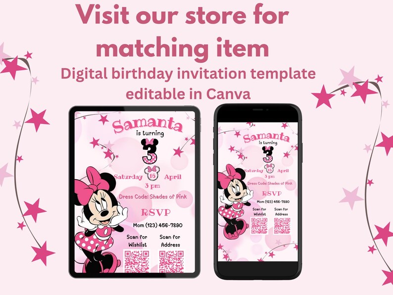 May include: Digital birthday invitation template featuring Minnie Mouse. The invitation is displayed on a tablet and a smartphone, with pink and white accents. Text includes "Samanta is turning 3" and RSVP details.
