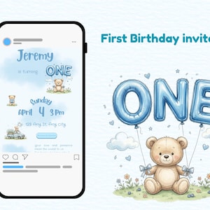 Teddy Bear First Birthday Boy Invitation Editable | Turning One Digital Invite | Mobile Invitation Template | Scrolling | RSVP form included