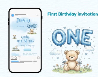 Teddy Bear First Birthday Invitation | Editable Boy Turning One Digital Invite (Mobile)