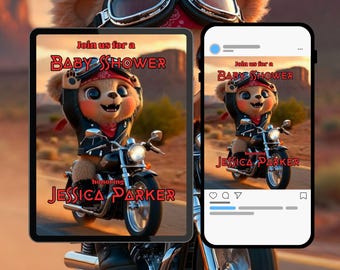 Teddy Bear Biker Boy Baby Shower Video Invitation | Editable Evite | Digital Invite | Mobile Invitation Template | Baby sprinkle