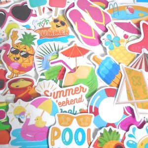 May include: A selection of vibrant summer stickers featuring various designs. The stickers depict sunglasses, pineapples, flip-flops, beach umbrellas, and pool floats. Some stickers have the words "Summer" and "Pool".