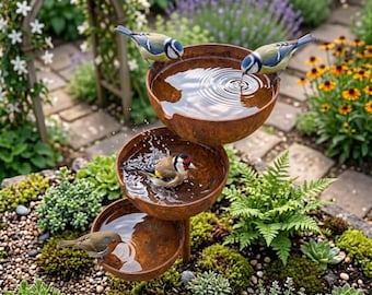 Rain Catcher Bird Bath Stake, Rustic Metal Bee Bath, Butterfly Water Feeder, Outdoor Garden Water Bowl, Farmhouse Yard Decor