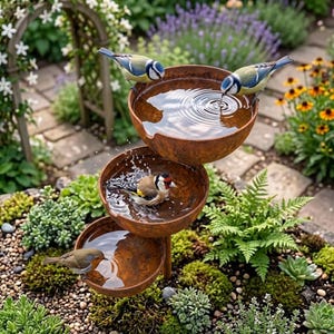 Könnte beinhalten: Ein dreistufiges Kaskaden-Vogelbad aus rostigen Metallschalen. Zwei blau-gelbe Vögel sitzen auf der obersten Schale, ein Stieglitz planscht in der mittleren Schale und ein Rotkehlchen steht in der untersten Schale, alle mit klarem Wasser gefüllt.