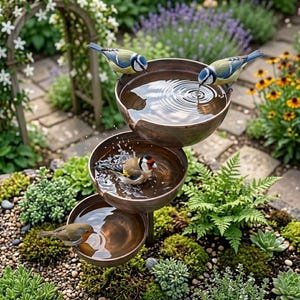 Pode incluir: Uma fonte de banho para pássaros em camadas com quatro pássaros pequenos. A fonte tem três tigelas de cor bronze cheias de água. Dois pássaros azuis e amarelos bebem da tigela superior. Um pássaro vermelho, branco e marrom banha-se na tigela do meio.