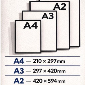 Puede incluir: Un p&oacute;ster promocional de Decibel Archive con el texto "TAMA&Ntilde;OS DISPONIBLES". Muestra tama&ntilde;os A1, A2, A3 y A4, con dimensiones en mm. Perfecto para galer&iacute;as, salones, estudios, dormitorios y oficinas.