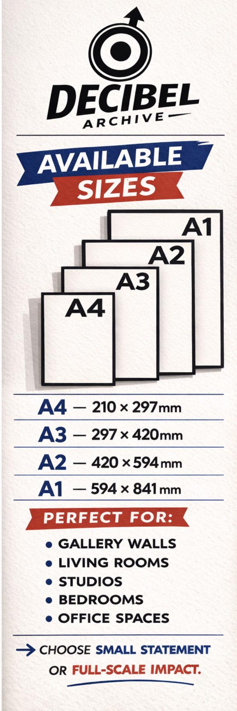 Puede incluir: Un p&oacute;ster promocional de Decibel Archive con el texto "TAMA&Ntilde;OS DISPONIBLES". Muestra tama&ntilde;os A1, A2, A3 y A4, con dimensiones en mm. Perfecto para galer&iacute;as, salones, estudios, dormitorios y oficinas.