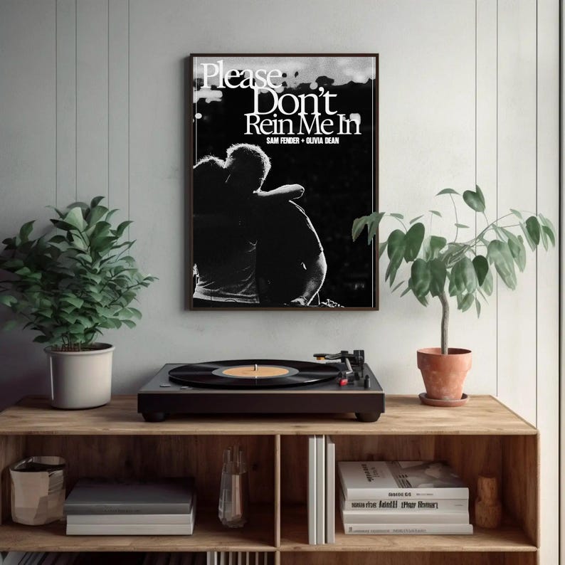 Puede incluir: Un grabado en blanco y negro enmarcado con el texto "Please Don't Rein Me In" sobre una silueta de dos personas abraz&aacute;ndose. Un tocadiscos con un disco de vinilo est&aacute; sobre una estanter&iacute;a de madera, con plantas en macetas.