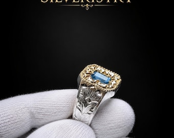 Smaragdgeslepen Londense topaas zegelring, tweekleurig sterling zilver, unisex sieraden