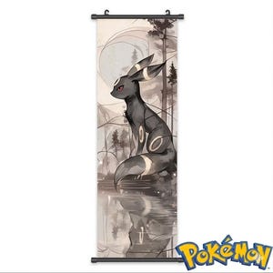 May include: A wall scroll featuring a black and white illustration of an Umbreon Pokémon. The artwork depicts the Pokémon sitting near a body of water, with a forest and moon in the background. The Pokémon logo is in the bottom right corner.