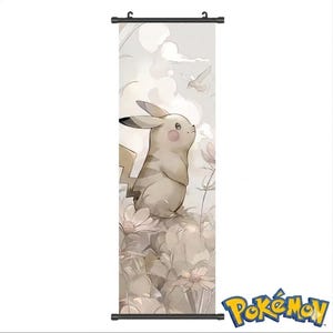 May include: A wall scroll featuring Pikachu from Pokémon. The artwork depicts Pikachu in a field of flowers, with a soft, pastel color palette. The scroll has a black hanging rod at the top and bottom, and the Pokémon logo is in the bottom right corner.