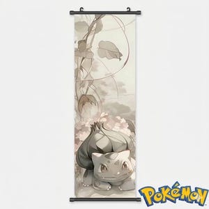 May include: A wall scroll featuring a Bulbasaur illustration in muted tones. The artwork depicts Bulbasaur in a natural setting with floral and botanical elements. The scroll has black rods at the top and bottom for hanging. The Pokémon logo is in the bottom right corner.