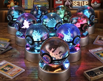 Grawerowana w 3D kryształowa kula Pokémon z podstawą podświetlaną diodami LED