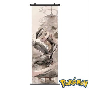 May include: A vertical wall scroll featuring a stylized illustration of a Pokémon character, Greninja, in shades of gray, black, and white. The background depicts a traditional Japanese landscape with pagodas and misty elements. The Pokémon logo is in the bottom right corner.