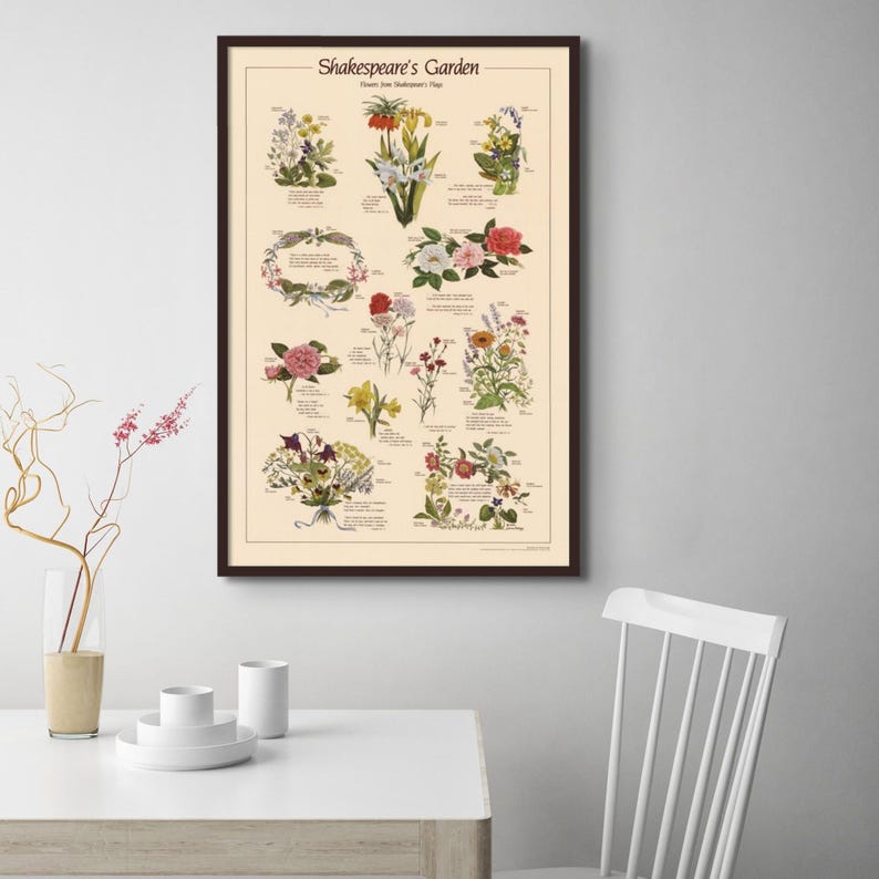 May include: A vintage-style poster titled "Shakespeare's Garden: Flowers from Shakespeare's Plays" features illustrations of various flowers with accompanying text quotes from Shakespeare's works. The poster has a cream background and is framed in a dark brown frame.