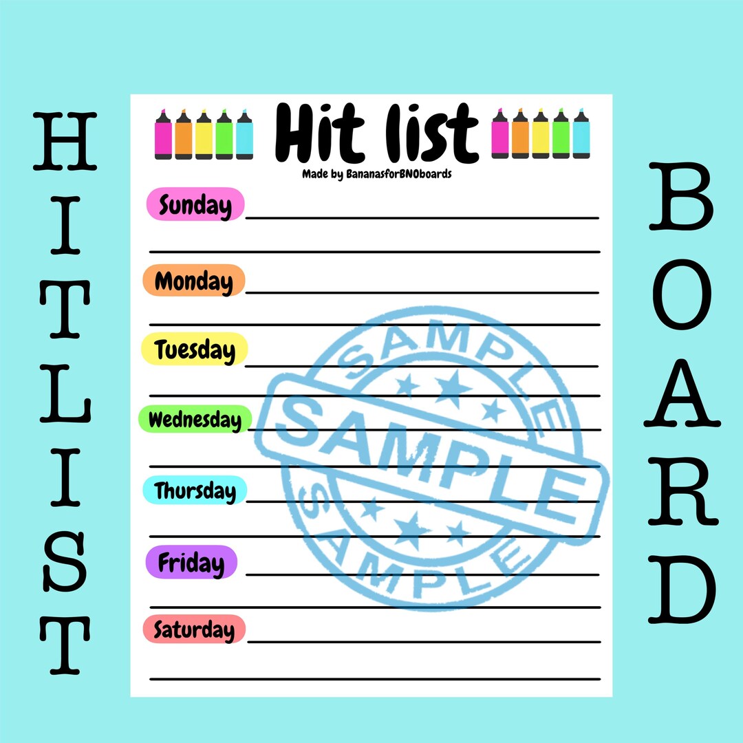 Hitlist Paper Format Highlighter Hitlist Board (sunday-saturday) - Etsy