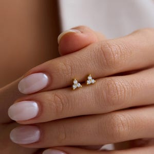 Triangle CZ Stud Earrings, 18K Gold Plated Earrings, Three Stone Cluster Studs, Dainty Minimalist Jewelry, Everyday Earrings for Women