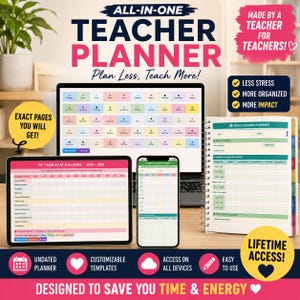 Puede incluir: Un sistema de planificación para docentes todo en uno que incluye un portátil, una tableta y un teléfono inteligente con plantillas digitales, junto a una agenda física de espiral. Las pantallas muestran cuadrículas coloridas, calendarios y horarios con texto como All-In-One Teacher Planner, Plan Less, Teach More y Year at a Glance 2025-2026.