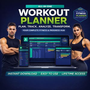 Può includere: Un pianificatore di allenamento digitale tutto in uno visualizzato su un computer portatile, uno smartphone e un tablet. L'interfaccia presenta grafici, monitoraggio dei dati e il testo: ALL-IN-ONE WORKOUT PLANNER, PLAN. TRACK. ANALYZE. TRANSFORM.