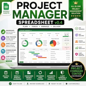 May include: A digital project manager spreadsheet displayed on a laptop screen, featuring a dashboard with project progress charts, task status, and upcoming deadlines. The interface includes sections for Gantt charts, Kanban boards, and client approvals.