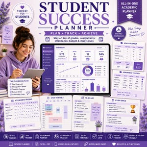May include: A digital student success planner featuring a purple and white dashboard interface with a GPA calculator, assignment tracker, attendance log, study timetable, to-do list, and study goals. The layout includes text labels and charts.