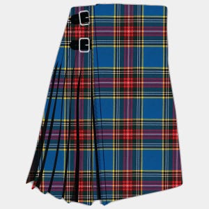 Puede incluir: Un kilt de tartán azul con un patrón de cuadros tradicional en rojo, amarillo y blanco. El kilt presenta correas de cuero negro con hebillas plateadas. El diseño plisado es visible en el lado izquierdo.