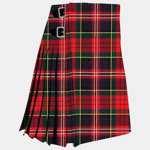 May include: A tartan kilt in a red, green, yellow, white, and navy blue plaid pattern. The kilt has pleats and two leather straps with silver buckles. The garment is designed for a classic look, suitable for formal occasions.