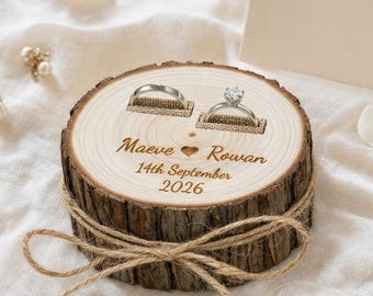 Personalised Ring Holder | Engraved Name and Date | Wedding Gift for Couple | Engagement Present Rustic Wood Slice
