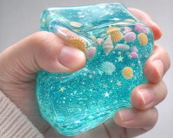 Seashell Gel Squishy Cube | Slow Rise Stress Relief Toy | Ocean Desk Fidget | Gift for Teens | Sensory Toy