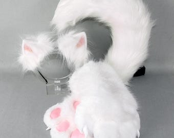 Plush Cat Ears and Paw Gloves Set: Kawaii Accessory, Cat Ear Headband , Hand Paws, Furry Tail