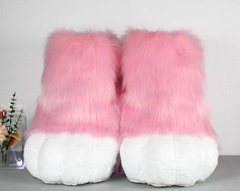 Custom Pink Fursuit Paw Shoes: Fully Customizable, Outdoor Plush Footwear for Cosplay